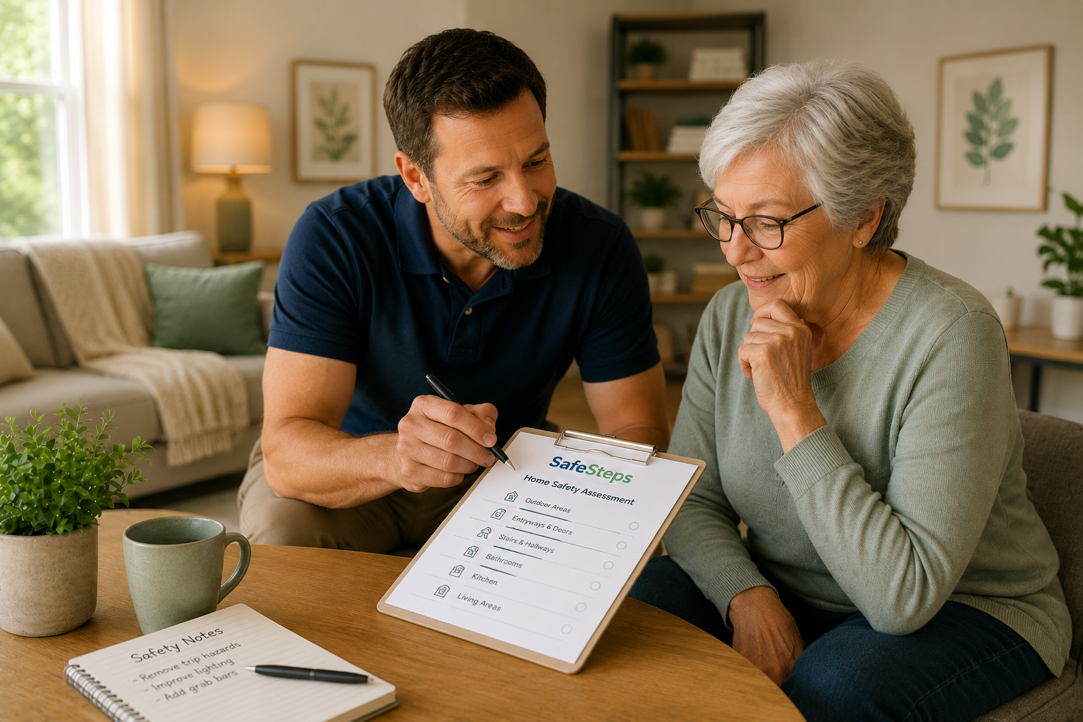 Professional caregiver with elderly patient during home visit