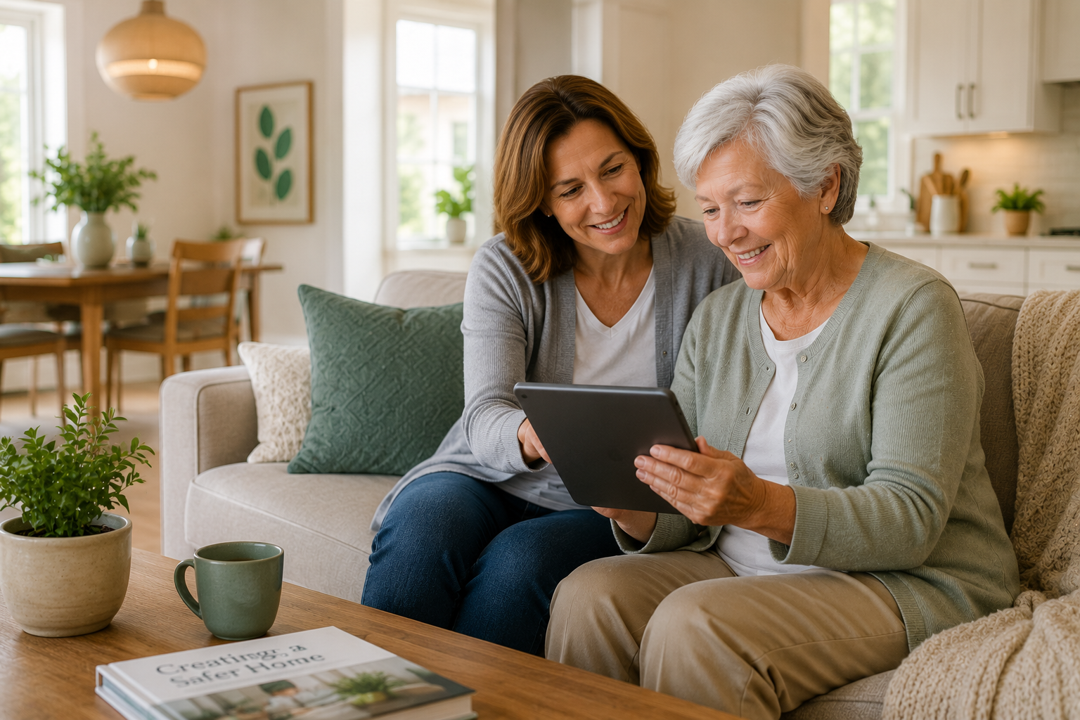 Adult daughter and senior mother reviewing home safety information together on a tablet