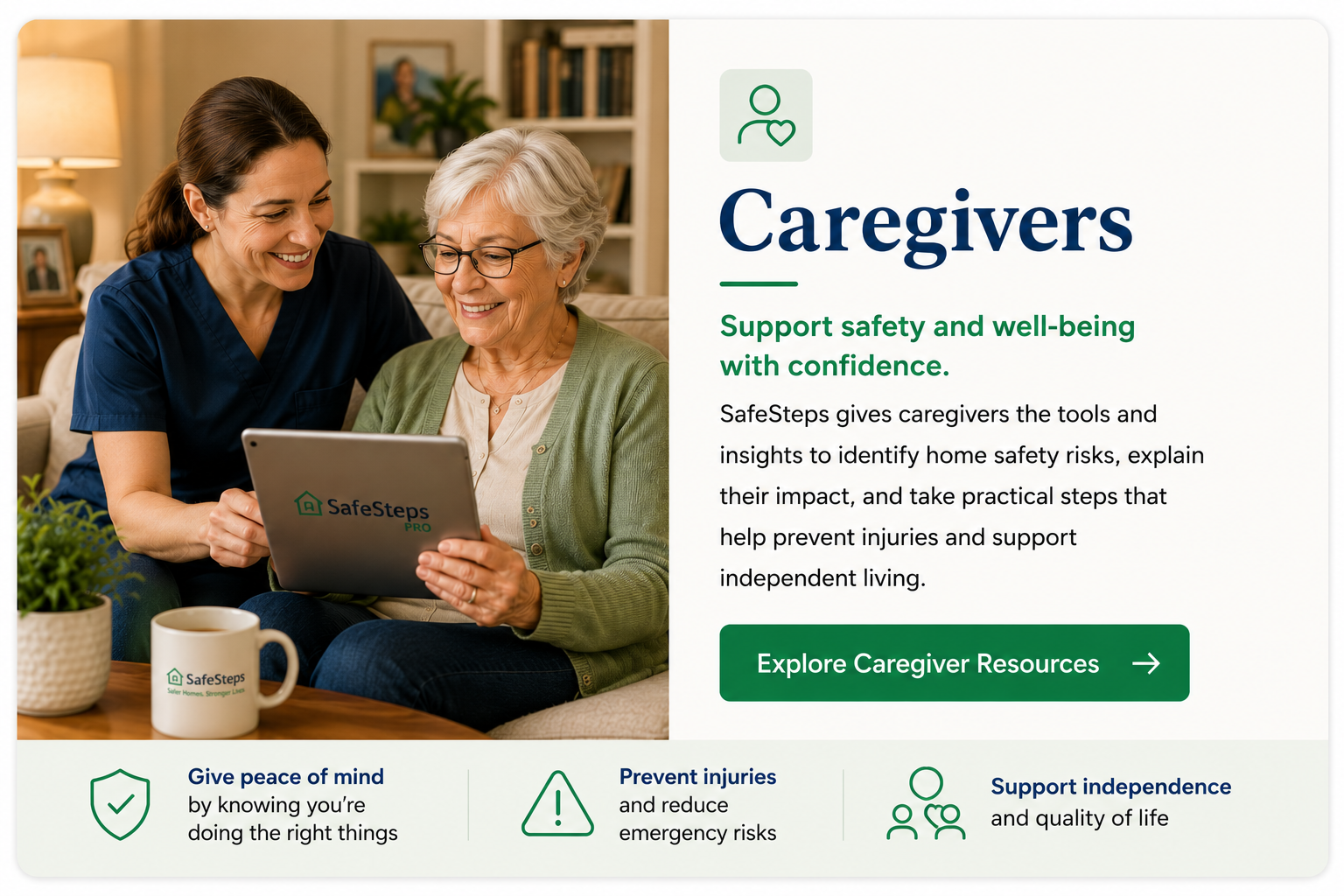 Caregiver and senior woman reviewing SafeSteps assessment on a tablet