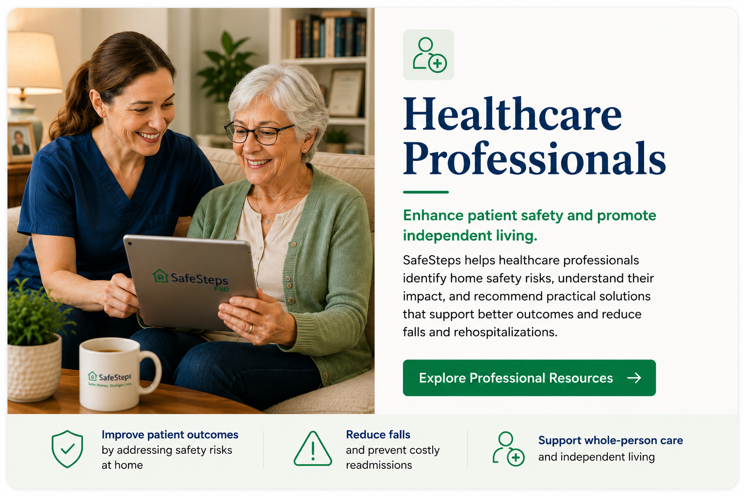 Healthcare professional reviewing SafeSteps with senior couple at a table