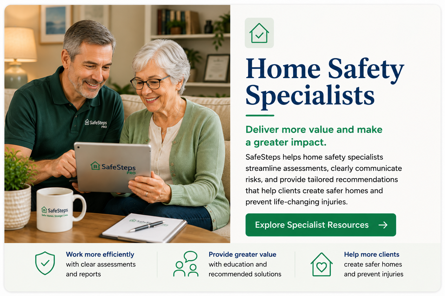Home safety specialist reviewing assessment checklist with senior man at staircase