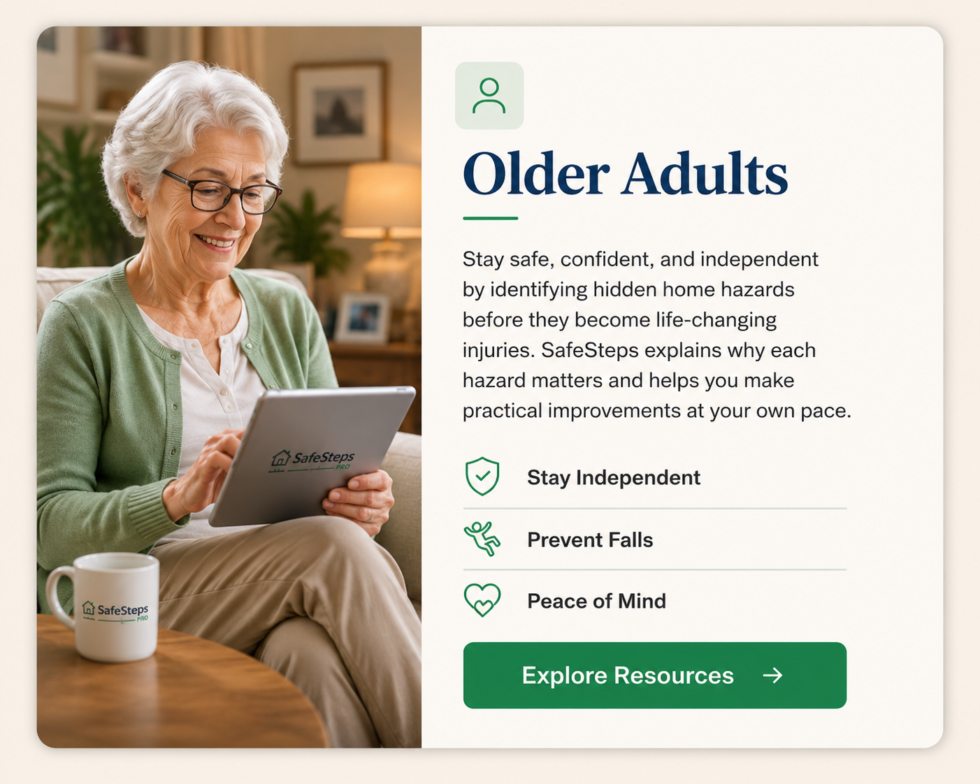 Older adult woman reviewing her SafeSteps home safety score on a tablet